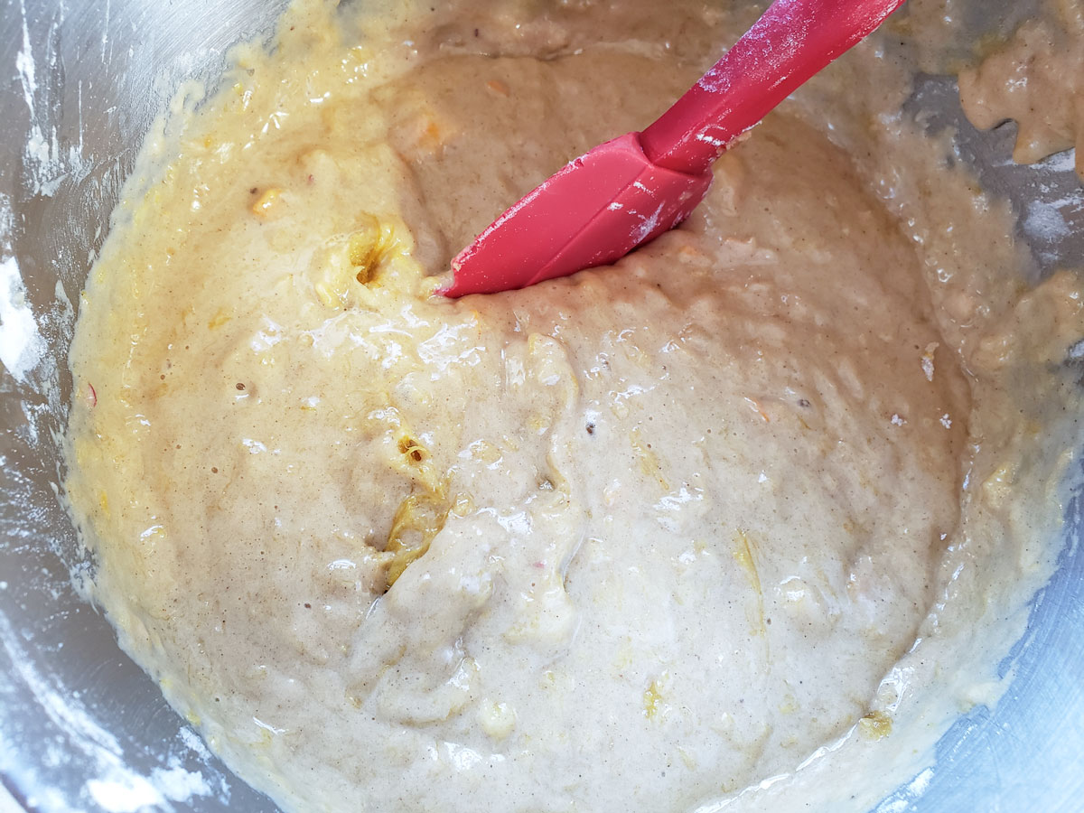 Batter mixed up in the mixing bowl.