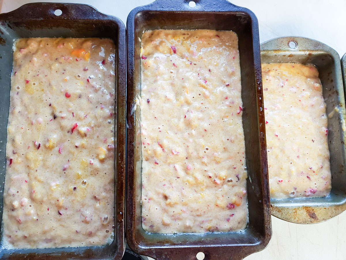 Batter poured into bread pans, 2/3 full.